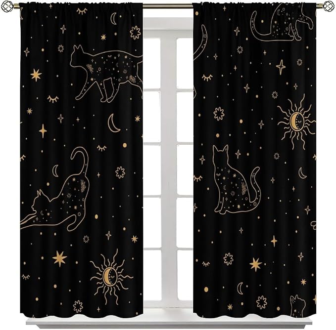 Sun Moon Cat Blackout Curtains, Golden Starry Cats Mystery Stars Sun Moon Magic Sky Window Treatment Drapes for Bedroom Living Room 42" W X 45" L