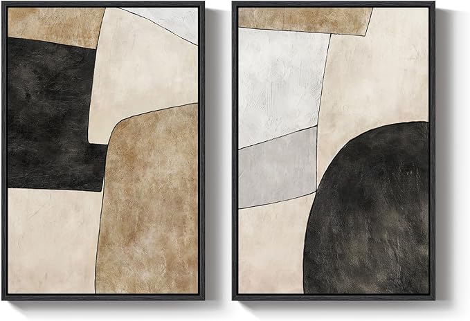 Framed Beige Black Abstract Wall Art for Living Room, Set of 2 Minimalist Geometric Neutral Artwork for Walls, Large Contemporary Painting Print for Bedroom Hallway Home Office Wall Decor, 24x36 Inch