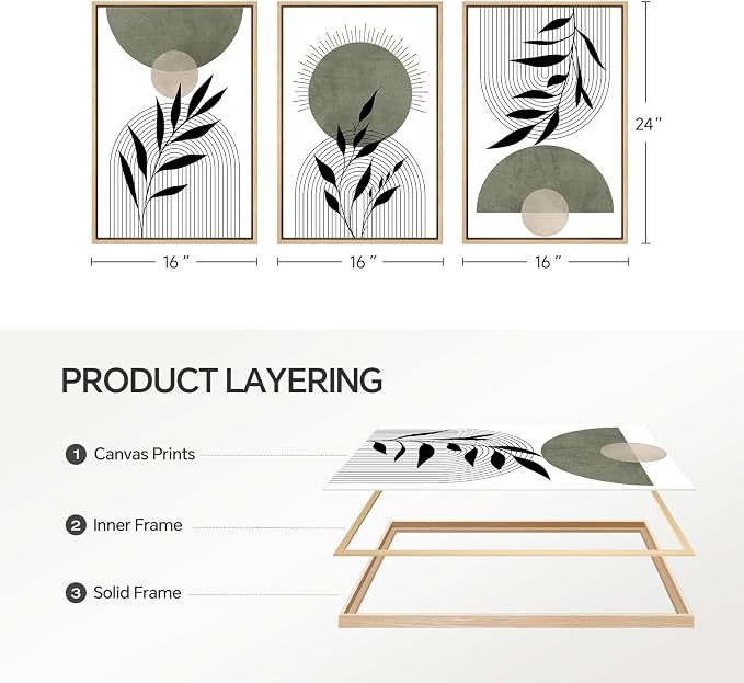 Framed Boho Sage Green Wall Art for Living Room, 3 Piece Large Abstract Botanical Canvas Artwork Decor, Beige White Sun Moon Geometric Leaf Painting Prints for Bedroom Dining Room Office 16x24 Inch