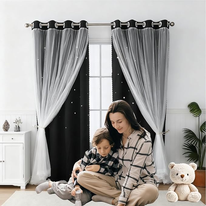 Black Out Curtains 120 Length for Boy Bedroom 2 Panels Set, Privacy Boho Room Darkening Curtain for Glass Door, Thick Grommet Top Star Cutout Cute Kids Curtain (52" W x 120" L)