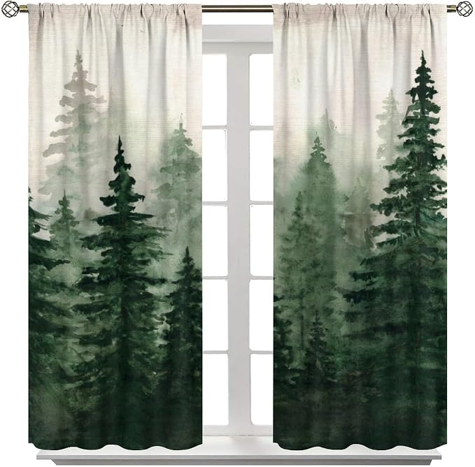 Watercolor Forest Blackout Curtains for Bedroom,Vintage Rustic Watercolor Green Misty Nature Forest Tree Tree Plant Print for Kids Boys Girls Living Room Bathroom 52x84in