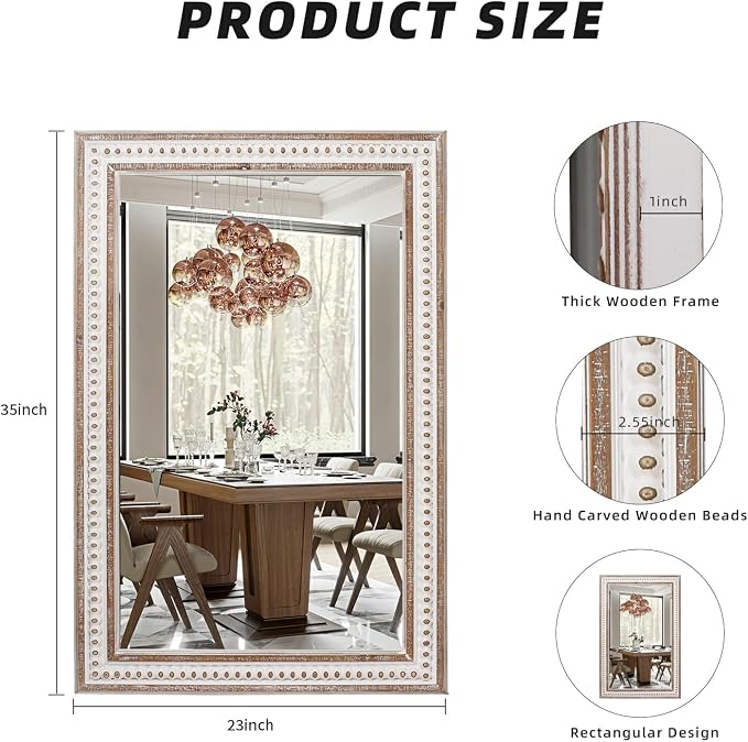 35x23 Inch Wood Rectangle Wall Mirror, Rustic Farmhouse Decorative Mirrors | Hang Vertical or Horizontal, Clean Straight Edges Add Boho Warmth Above Sinks, Vanities, Consoles, Dressers, or Sofas