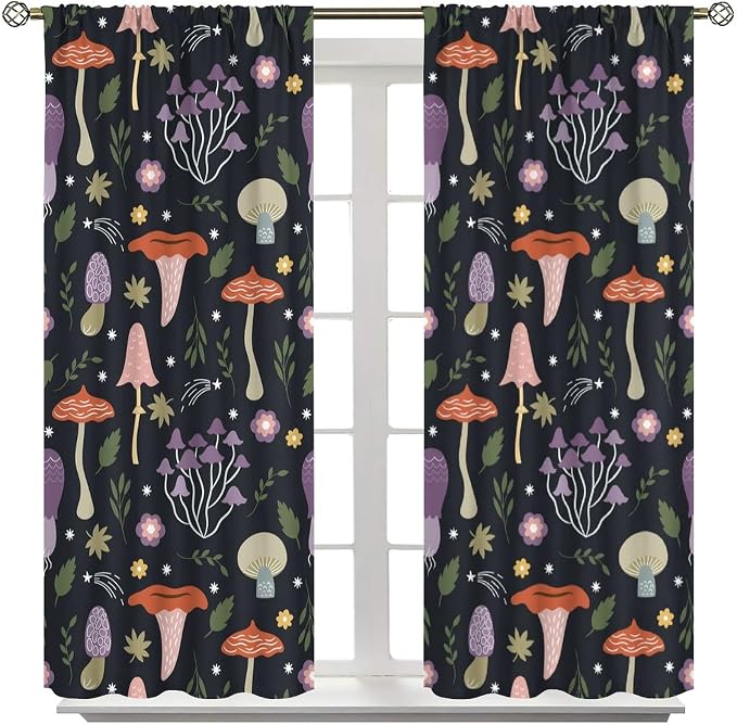 Mushroom Curtains,Colorful Plant Forest Botanical Print Window Treatments for Bedroom Living Room Kitchen Cartoon Herbs Floral Window Drapes 2 Panels Set,Total Size 72 x 63 Inch