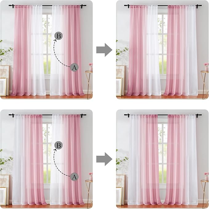 Pink Ombre Chiffon Sheer Curtain 63 Inch Long for Living Room Crinkle Semi Sheer Curtain Panels for Bedroom, Gradient Light Filtering Window Drapes Set of 2 for Kids Room, Office, Rod Pocket, 52"W