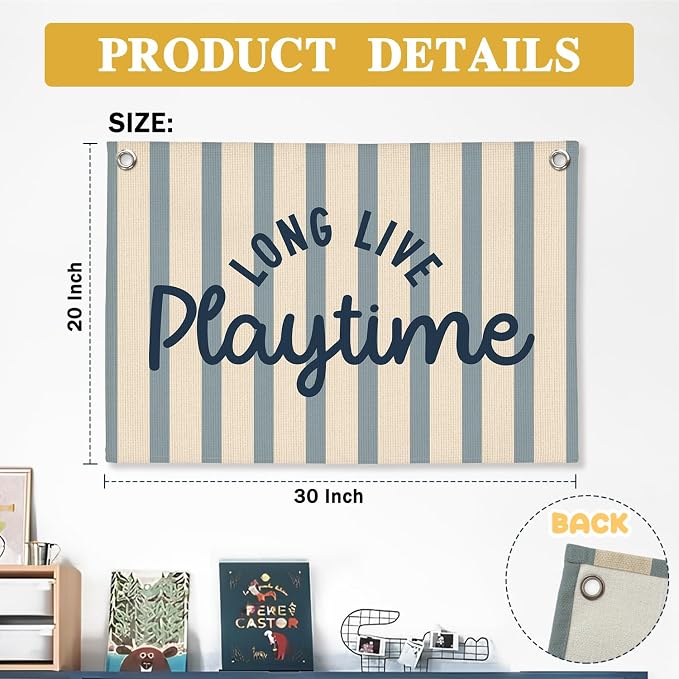 Playroom Wall Decor, Long Live Playtime Linen Canvas Banner, Toddler Playroom Decor Kids Room Nursery Wall Decor for Toddler Boys Toy Room Bedroom, 30x20 Inch