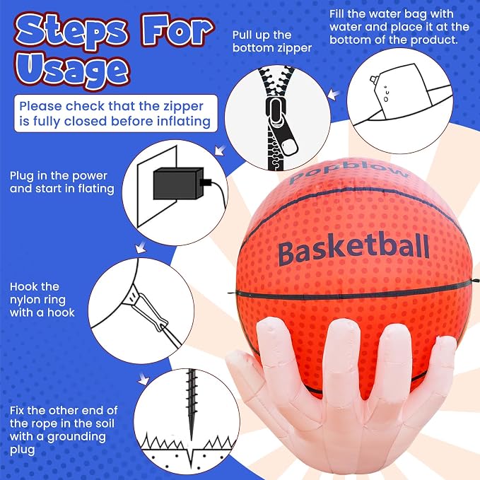 Popblow 6Ft Tall Large Inflatable Basketball Theme Party Decorations, Blow Up Basketball Sports Activities Supplies with Built-in 10 LED Light, Basket Ball Inflatable for Outdoor Yard