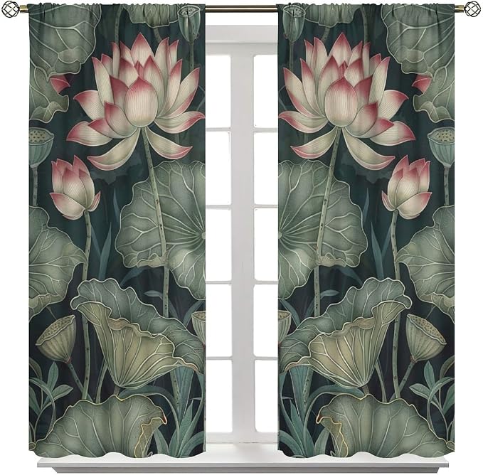 William Morris Lotus Blackout Curtains, Vintage Country Farmhouse Flowers Green Leaves Boho Window Drapes, for Living Room Bedroom 63" W X 63" L