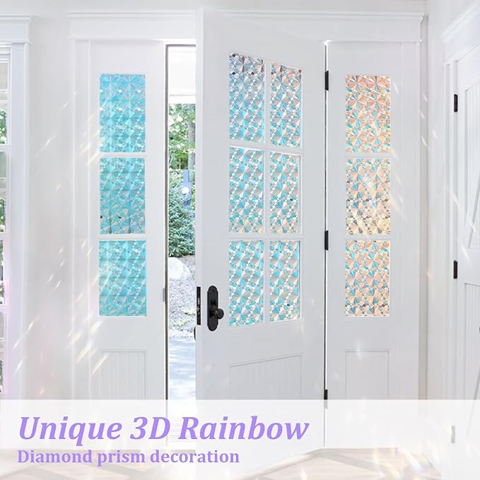 Windimiley Stained Glass Window Privacy Film, Rainbow Clings, 17.5" x 118.1 | 3D Diamond Decorative Window Film,Static Cling No Glue Removable, UV Heat Blocking,Renter Friendly for Bathroom Bedroom Door