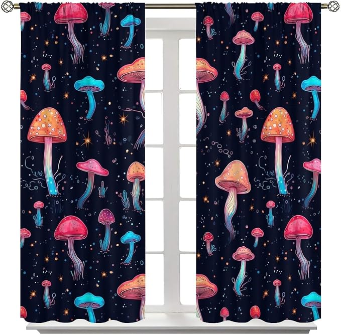 Fantasy Mushroom Curtains,Colorful Plant Print Window Treatments for Bedroom Living Room Kitchen Cartoon Herbs Floral Polyester Fabric Window Drapes 2 Panels Set,Total Size 52 x 84 Inch