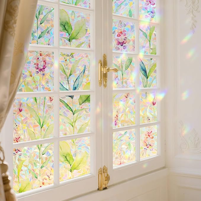 Donox Decorative Window Privacy Film, 3D Floral Stained Glass Window Film Static Cling Rainbow Privacy Sticker for Glass Door Heat Control Anti UV, No Adhesive (Gladiolus,23.6 x 78.7 inches)