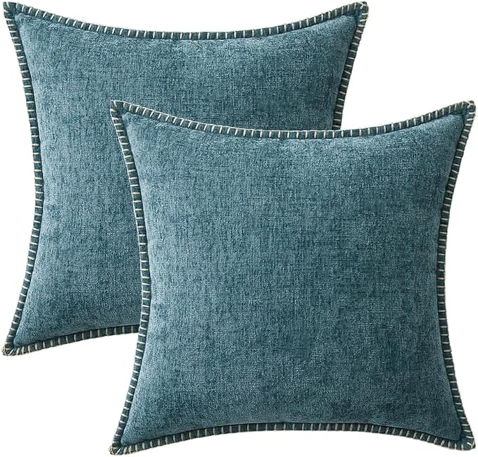 MIULEE Pack of 2 Couch Throw Pillow Covers 18x18 Inch Smoke Blue Farmhouse Decorative Pillow Covers with Stitched Edge Soft Chenille Solid Dyed Spring Pillow Covers for Sofa Bed Living Room