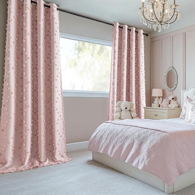 MYSKY HOME Blush Pink Pom Pom Blackout Curtains for Girls Bedroom 63 Inch Long 100% Room Darkening Curtain for Kids Room 2 Panels Small Window Treatment Grommet 2 Layered Drapes Toddler 52W x 63L