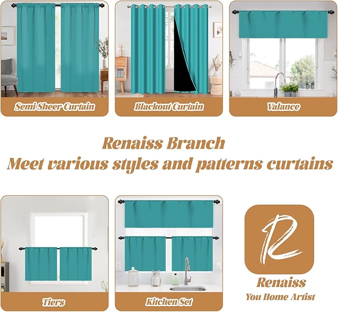 Renaiss 42 x 63 Inch Teal Window Curtains for Living Room Bedroom Deocr Thermal Rod Pocket Back Tab Hooks Window Treatments Insulated Blackout Heavy Linen Summer Decor Window Curtains Drapes 2 Panels