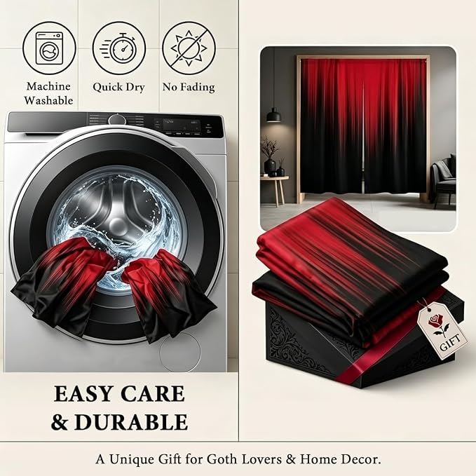 AAtter Red Black Window Curtains, Room Darkening, Rod Pocket 42" W x 63" L | Burgundy Ombre Gothic Drapes, Dark Modern High Precision Fabric, Abstract Anime, 2 Panels Cool Bedroom Decor for Men