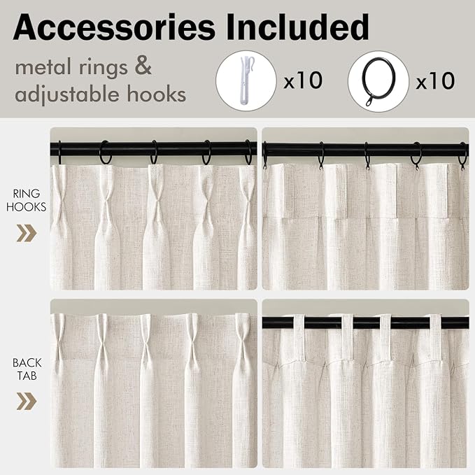 MIULEE Pinch Pleated Thick Linen Curtains 36 Inches Long 2 Panels for Kitchen Bedroom, Small Short Linen Textured Memory Trained Drapes Pleat Back Tab Light Filtering Natural Half Window Curtains