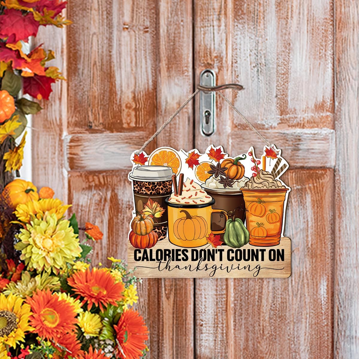 Thanksgiving Door Sign Decor, Calories don't Count on Thanksgiving, Fall Autumn Seasonal Wall Art Hanging Wooden Sign Halloween Decorations for Home Party Outside Indoor, Housewarming Gift