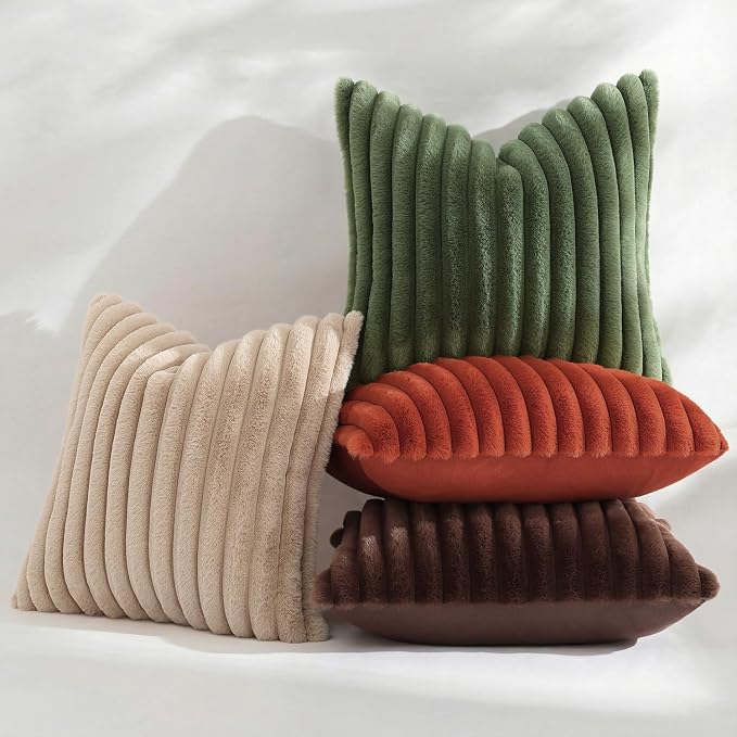 decorUhome Fall Cozy Faux Fur Throw Pillow Covers 24x24 Set of 2 Decorative Soft Plush Striped Modern Farmhouse Boho Couch Euro Sham Pillow Cases with Velvet Back for Sofa Bed Living Room, Olive Green