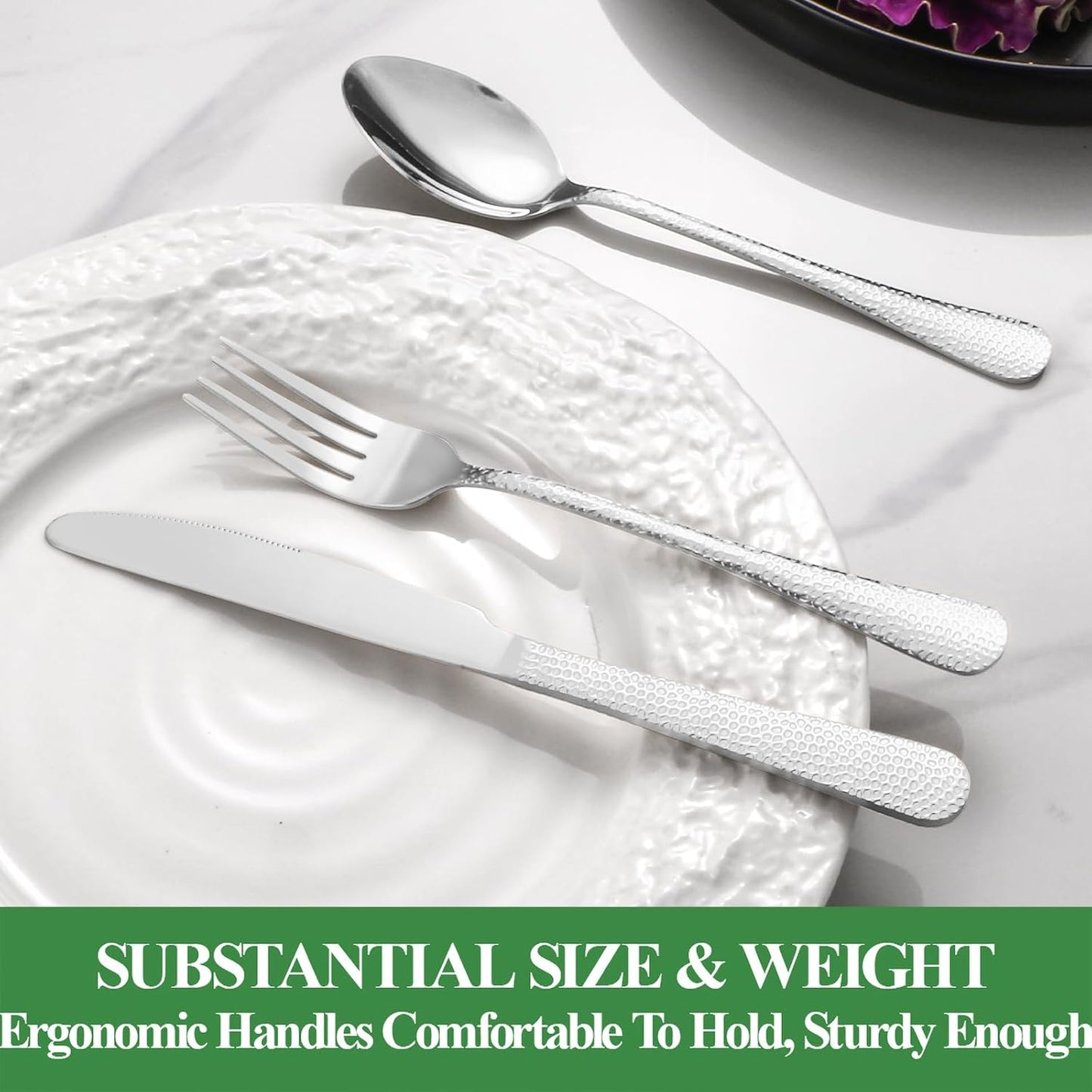 40 Pcs Silverware Set for 8 with Hammered Design, Food Grade Stainless Steel Flatware Set, Eating Utensils Sets Include Fork/Knife/Spoon, Reusable Cutlery Set, Dishwasher Safe