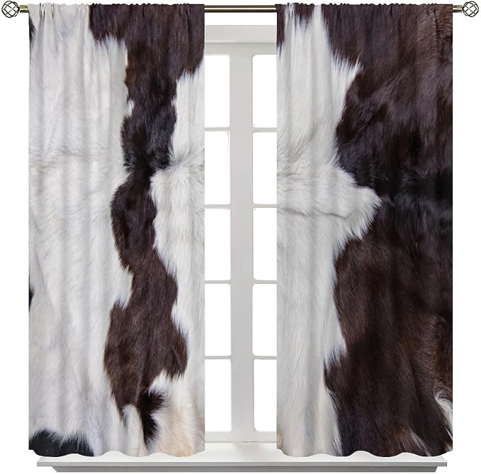Cowhide Blackout Curtain, Retro Farmhouse Animal Spotted Black White Cow Texture Print Drapes, Rod Pocket Window Treatments 2 Panels Curtains for Bedroom Nursery Office Living Room Decor 42"W X 45"L