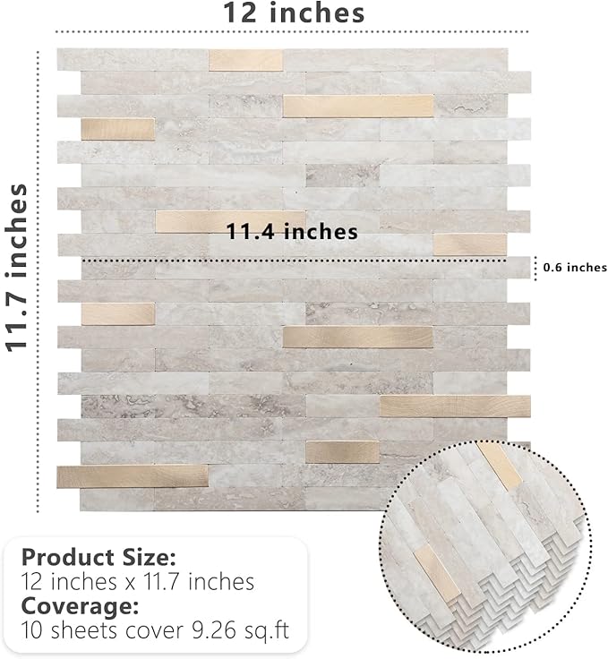STICKGOO Peel and Stick Backsplash, PVC Wall Tiles Stick on Backsplash for Kitchen(1 Sheet, Beige with Metal Gold)