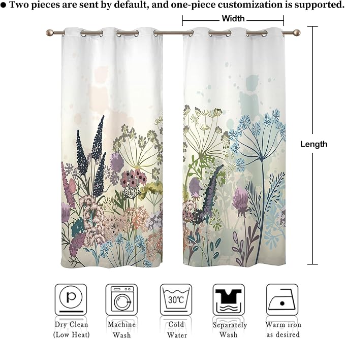 Renaiss Wildflowers Blackout Curtains Vintage Botanical Floral Plant Thermal Insulated Window Drapes for Bedroom 53W x 96L inches 2 Panel Set Window Curtain Panels for Living Room