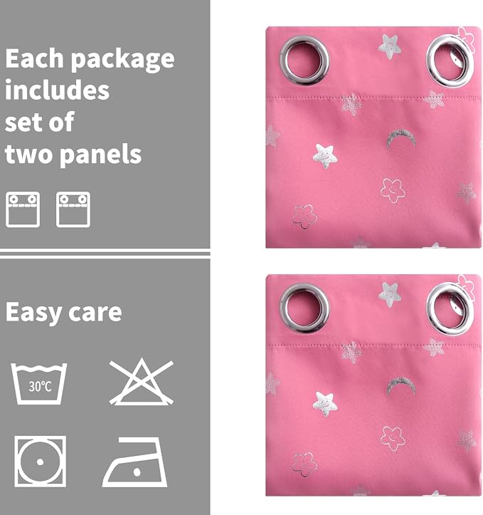 BGment Pink Curtains for Girls Bedroom, Star and Moon Blackout Curtains for Kids Babys Room 63 Inch Long, Thermal Insulated Room Darkening Window Drapes with Grommet for Nursery, 2 Panels, 42 Wide
