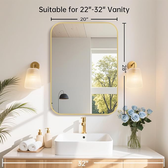 20x28 Inch Gold Bathroom Mirror, Brushed Brass Gold Metal Framed Rectangular Mirror with Rounded Corner, Bathroom Vanity Mirror for Bedroom or Living Room, Horizontal/Vertical