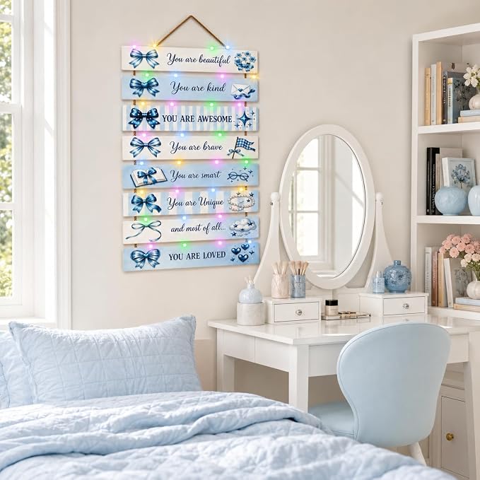 Cute Blue Bow Room Decor Set of 8 with Led Light for Teen Girls Kids Toddler, Preppy Inspirational Bow Wood Nursery Wall Decor for Dorm Bedroom, Dreamy Cozy Chic Motivational Princess Room Decor