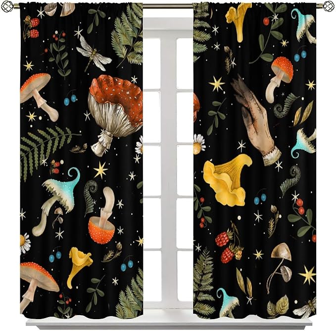Retro Mushroom Curtains, Boho Rustic Vintage Botanical Mushroom Gothic Witch Wildflower Plant Print Blackout Window Treatments for Living Room Bedroom Kitchen 55x63in