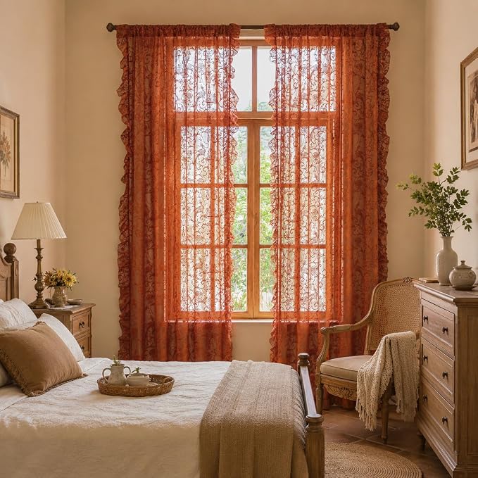TUDECO Lace Orange Curtains for Living Room 108 Inches Long - Cottage Core Floral Sheer Long Rust Colored Curtains 2 Panels, Rod Pocket Privacy Orange Bedroom Decor, 59W x 108L Inch
