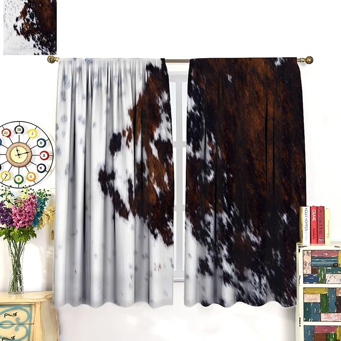 Cow Print Blackout Curtain,Retro Farm Style Animals Brown Cowhide Cow Fur Print Window Treatments Rod Pocket Curtain for Bedroom Living Room Kitchen Decor Drapes 72x63in
