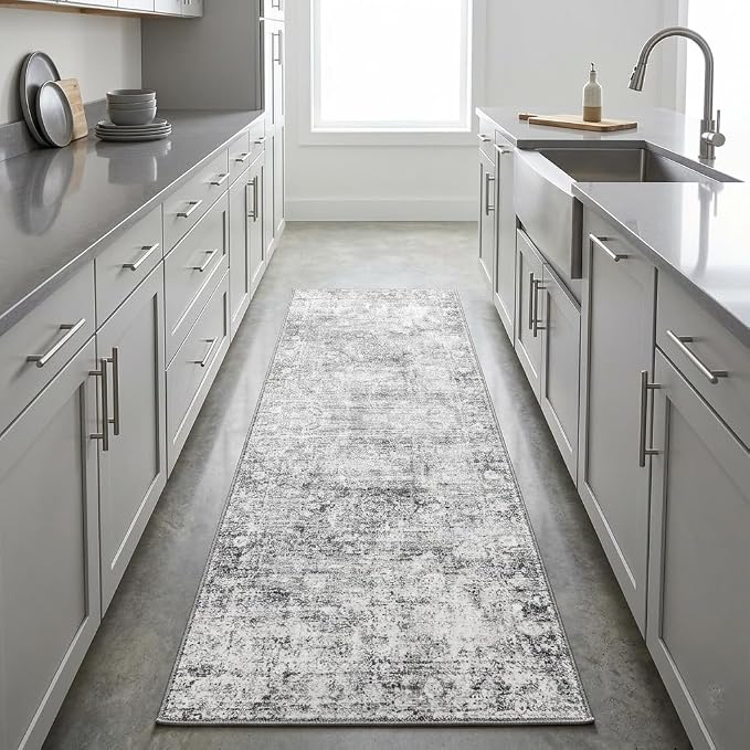 Homemate Washable Rug 2x6 Area Rugs - Vintage Faux Wool Rugs for Living Room Bedroom Dining Room - Non Slip Foldable Carpet Indoor Area Rug for Home Decor(2'x6', Grey