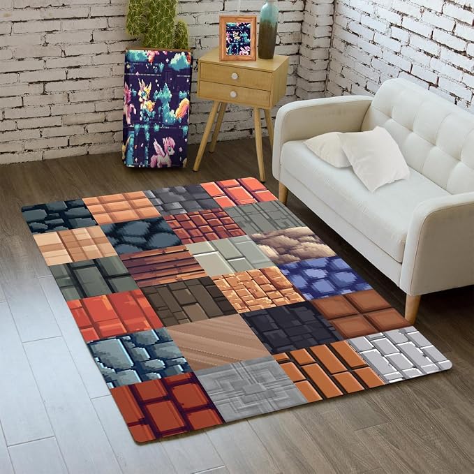 Game Rug - Old Game Block Theme Carpets for Boys Bedroom Living Room Teen Boys Carpet for Bedroom Playroom Rug, 3'x5'