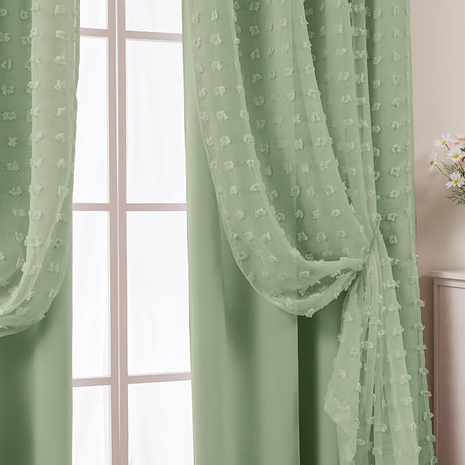 Sage Green Back Tab Pom Pom Curtains for Girls Room Bedroom Nursery Living Room Blackout Curtains Double Layer,96 Inch Length