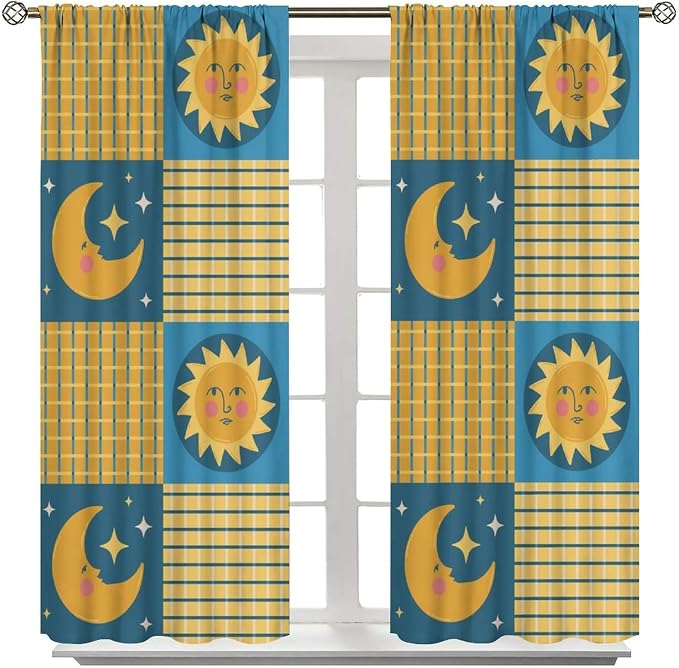Retro Bohemian Plaid Blackout Curtains, Boho Sun Moon Stars Art Rustic Farmhouse Window Drapes, for Living Room Bedroom 42" W X 54" L