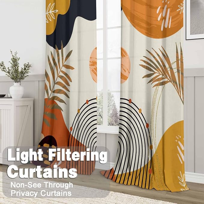 Colorful Boho Curtains Mid Century Modern Light Filtering Curtains 52X72Inch Abstract Leaves Retro Rainbow Living Room Curtain 2Pc Fun Geometric Drapes Yellow Plant Window Curtain for Bedroom