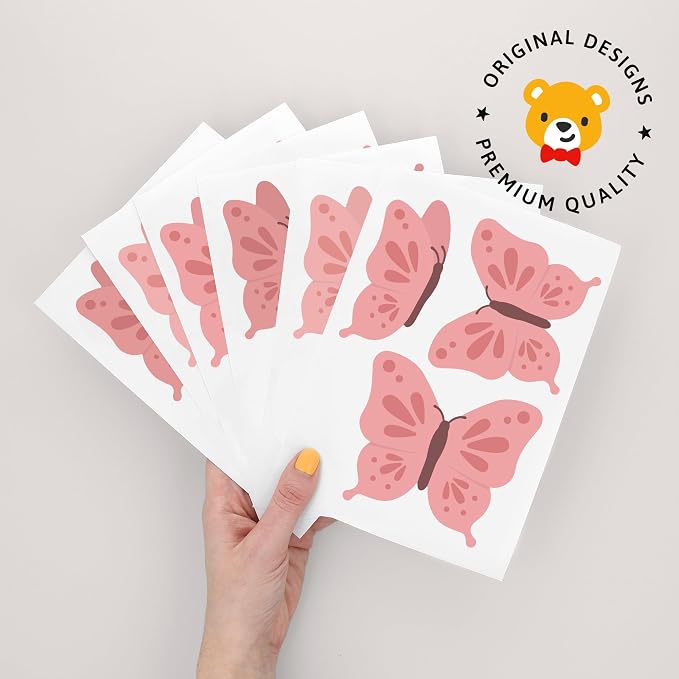 Teddylabels - Pink Butterflies - Easy-to-Apply & Removable Wall Stickers: Transform Your Toddlers Bedroom with Durable, Vibrant Peel-and-Stick Wall Decor – Stickers for Kids