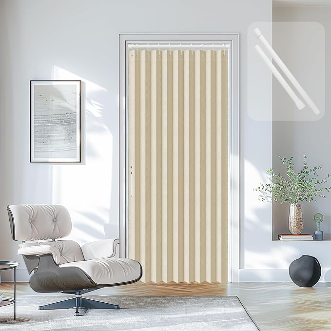 AJAZZ Set: Curtain Rods No Drilling (38-53" W Adjustable Range) & Accordion Door Curtain, Cream White 53W×78" L, Accordion Doors for Closet Doorway Room Divider