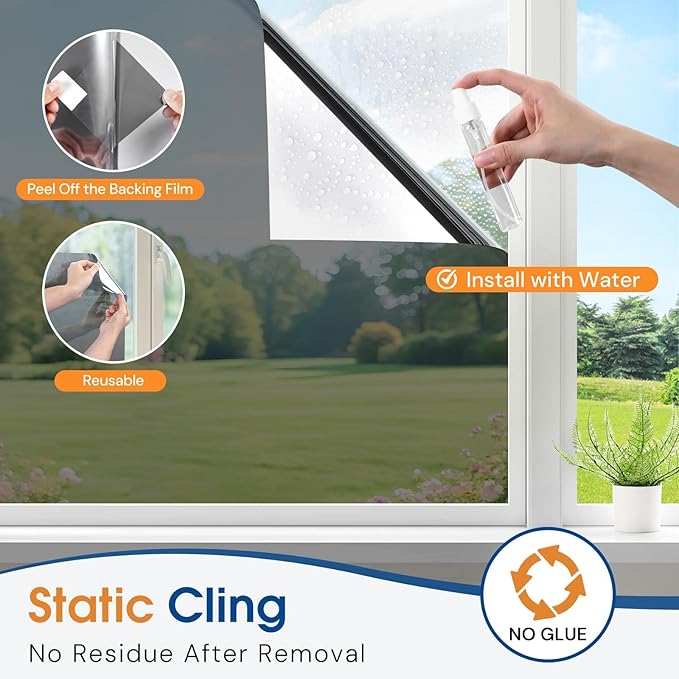 Homein One Way Privacy Window Film with Tool Window Tint for Home Heat Control Sun Blocking Anti UV Mirror Reflective Covering See Out Not in Static Cling No Glue Black-Sliver 23.6" x 78.7"