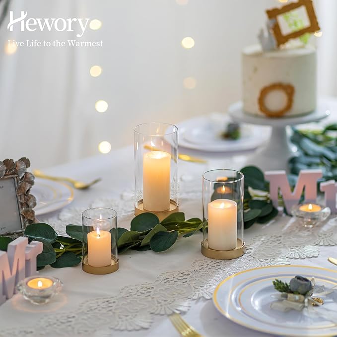 Hewory Hurricane Candle Holder for Pillar Candles: Gold Votive Candle Holders Set of 3, Glass Hurricane with Metal Candle Plate, Pillar Candle Holder for Table Centerpiece Wedding Holiday Home Decor