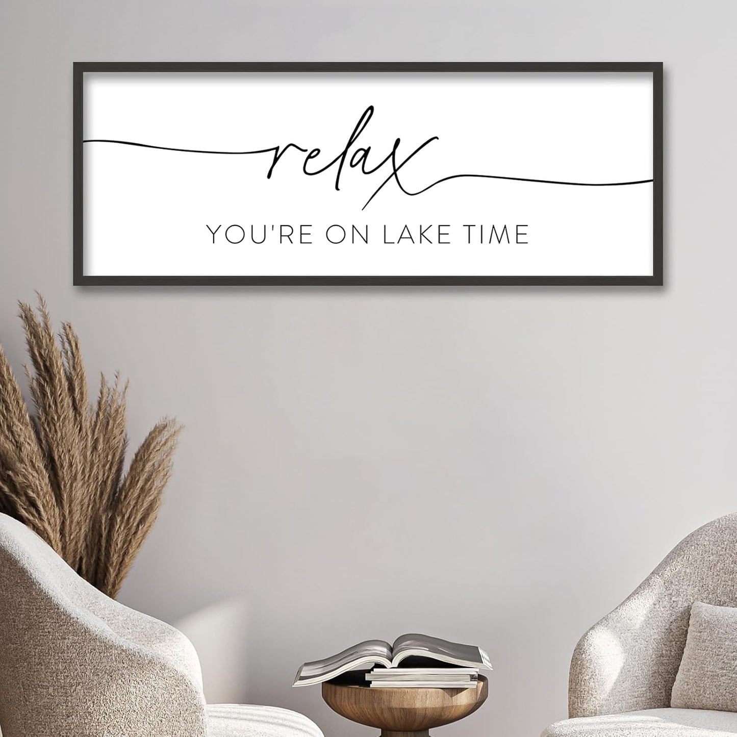 SRSZHIYUE Relax You're On Lake Time Wall Decor Above Bed Sign 40"×15" for Lake House Bedroom Over Bed Large Wood Framed Hanging Art (Black)