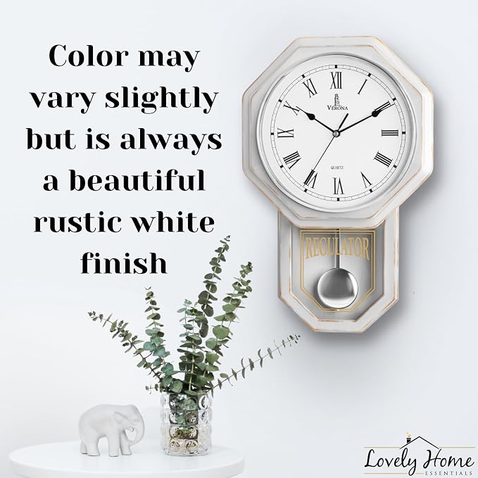 White Pendulum Wall Clock - Real Wood Regulator Clock - Rustic, Farmhouse Schoolhouse Design 18x11 - Quiet, Non-Chiming, Wooden & Battery Operated - Decorative Wall Decor for Living Room, Home, Office