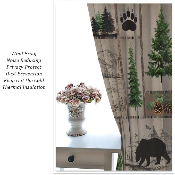 Vintage Bear Deer Blackout Curtains Country Farmhouse Wooden Door Forest Hunting Lodge Pine Cone Mountains Elk Black Bear Animals Windows Treatments Rod Pocket For Kitchen Living Room Bedroom 63x63in