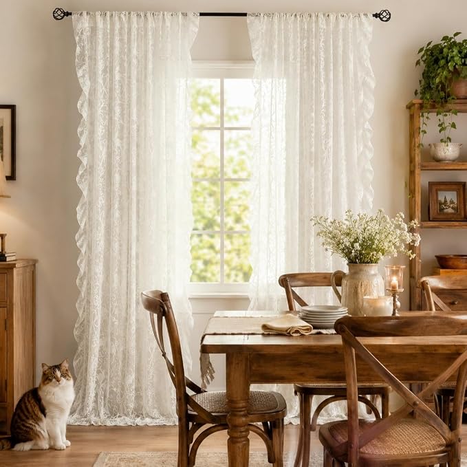 TUDECO Lace Curtains 96 Inches Long - Antique Floral Sheer Embroidered Rustic Ruffle Curtains for Dining Room Rod Pocket Privacy French Deocr 1 Pair, 59 x 96 Inch, Ivory
