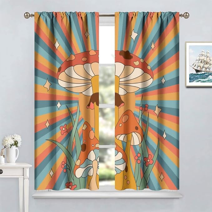 Boho Mushroom Curtains, 1970s Retro Sunset Rainbow Boho Herbs Flowers Blue Yellow Abstract Geometric Print Blackout Window Drapes for Kids Bedroom Living Room 72x63in