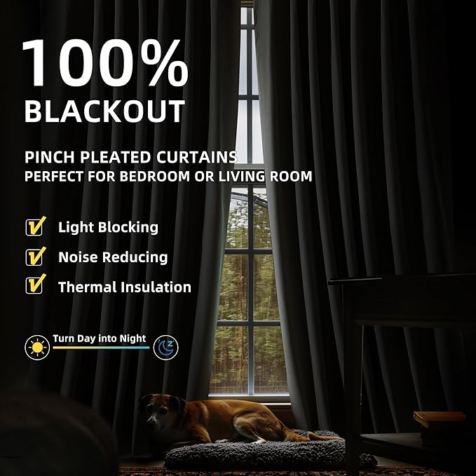 ChrisDowa White Pinch Pleated Blackout Linen Curtains 54 inches Long 2 Panels for Living Room Bedroom Farmhouse Room darking Thermal Insulated Back Tab Hooks Rings Window Treatment Drapes,40x54