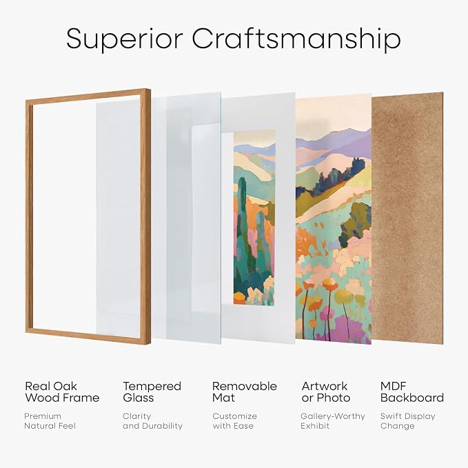 Homeforia 8x8 Picture Frames Wood, High-End Natural Oak 8 x 8 Square Frames with Mat 6 by 6 inch Photo, 8by8 Light Wooden Frames Matted to 6x6 Print, Tabletop Frame, Tempered Glass, Wall Kit, Set of 3