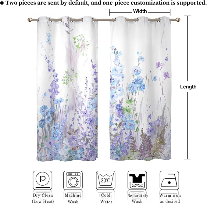 Renaiss Purples Blue Floral Print Blackout Curtains, Pastel Wild Flowers Thermal Insulated Bedroom Window Curtains, Spring Floral Art Window Curtains for Kitchen, 45" L x 29" W 2 Panel Set