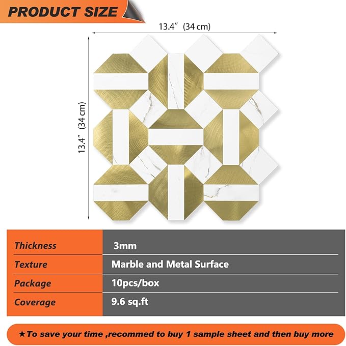 10-Sheets Peel and Stick Backsplash Tiles, PVC Marble Mixed Metal Look,Heat Resistant Stick on Tiles for Kitchen Wall,Bathroom,Laundry Room (Marble Gold & Gold)