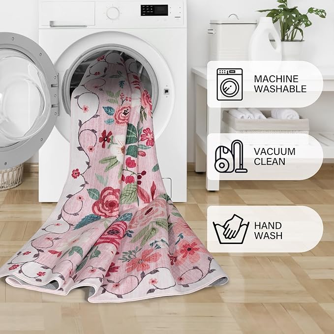 DUKINO 2x10 Kitchen Runner Rug for Hallway, Washable Runner Rug with Non Slip Backing, Low Pile Soft Boho Floral Carpet for Kitchen, Hallway, Entryway, Laundry, Bedroom, Pink